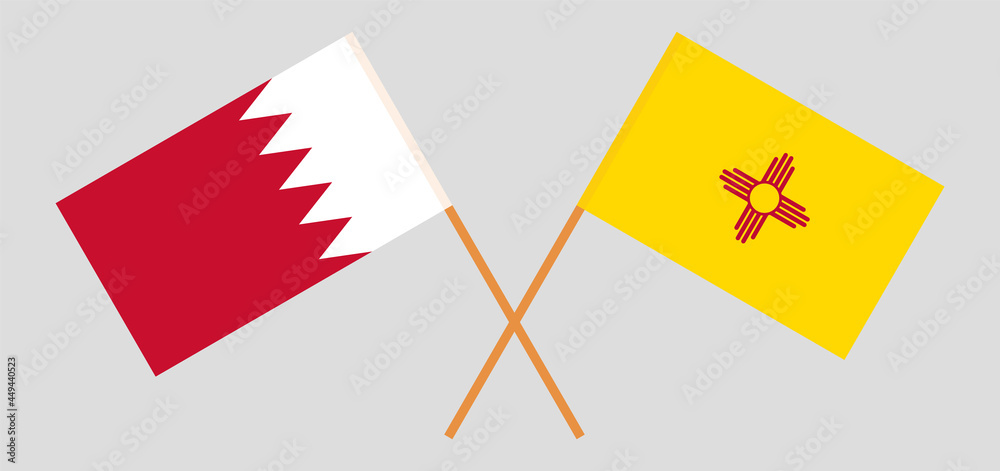 Crossed flags of Bahrain and the State of New Mexico. Official colors. Correct proportion Crossed flags of Bahrain and the State of New Mexico. Official colors. Correct proportion