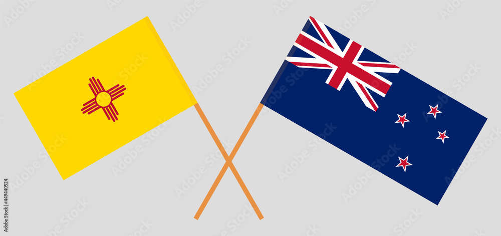 Crossed flags of the State of New Mexico and New Zealand. Official colors. Correct proportion