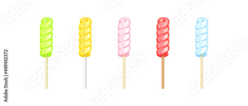 Vector realistic spiral lollipops set. Collection of five isolated swirl colorful glossy candies on sticks