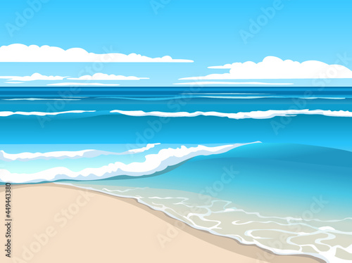 Bright summer seascape. Blue waves rolling on the sand beach.