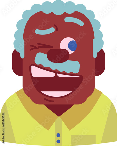 portrait icon of a happy and blinking old black man in vector.