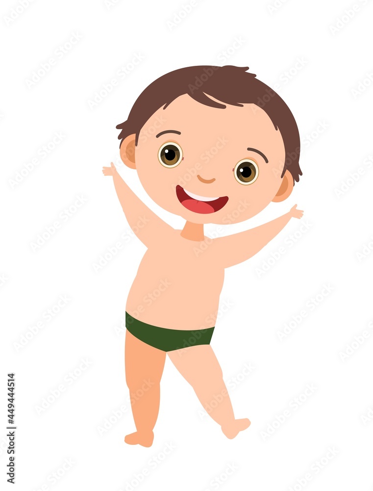 Cheerful boy rejoices. Prepared for water games in the sea, river or pool. In beachwear. Isolated on white background. Illustration in cartoon style. Flat design. Vector art