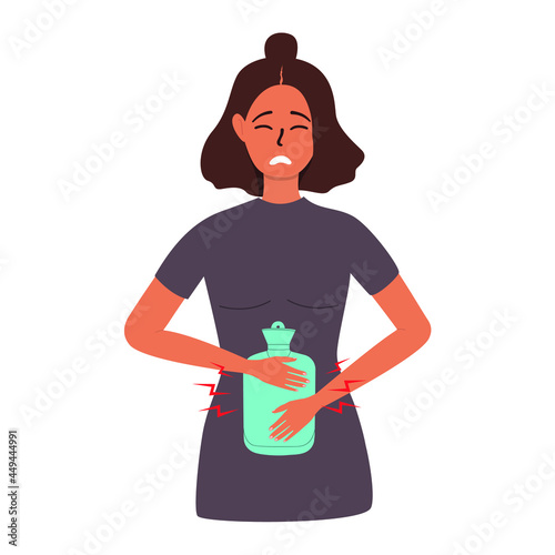 A flat vector cartoon illustration of an unhappy woman who relieves pain in the abdominal area with a rubber heating pad.