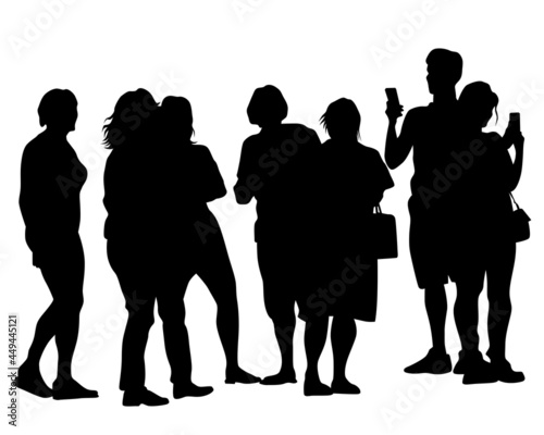 Big crowds people on street. Isolated silhouette on a white background