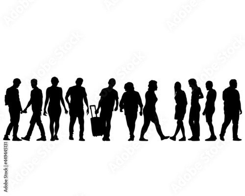 Big crowds people on street. Isolated silhouette on a white background