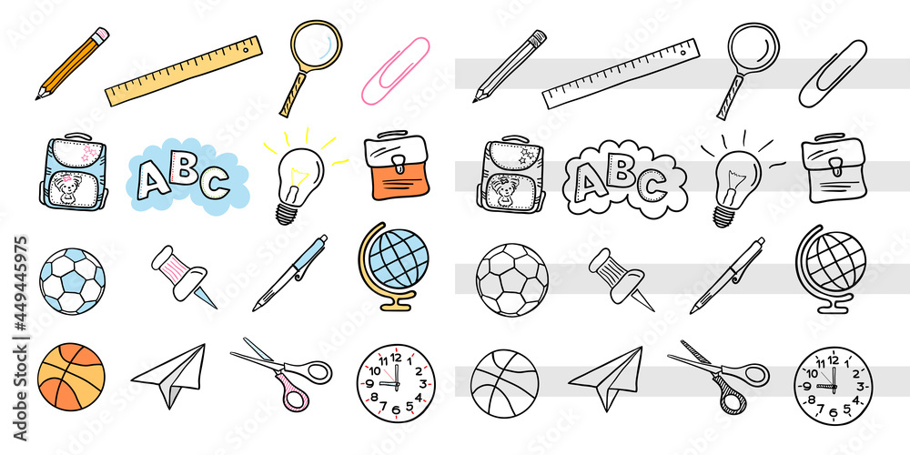 Back to school. Set of various design elements with colored fill and lines. Ruler, pencil, magnifier, paper clip and more. Hand drawing, curved lines. Vector illustration Back to school. Set of various design elements with colored fill and lines. Ruler, pencil, magnifier, paper clip and more. Hand drawing, curved lines. Vector illustration