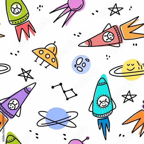 Vector childish pattern of rocket and planet