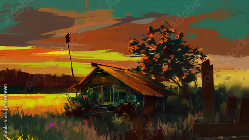 painted pastoral landscape painting with old house at sunset photo