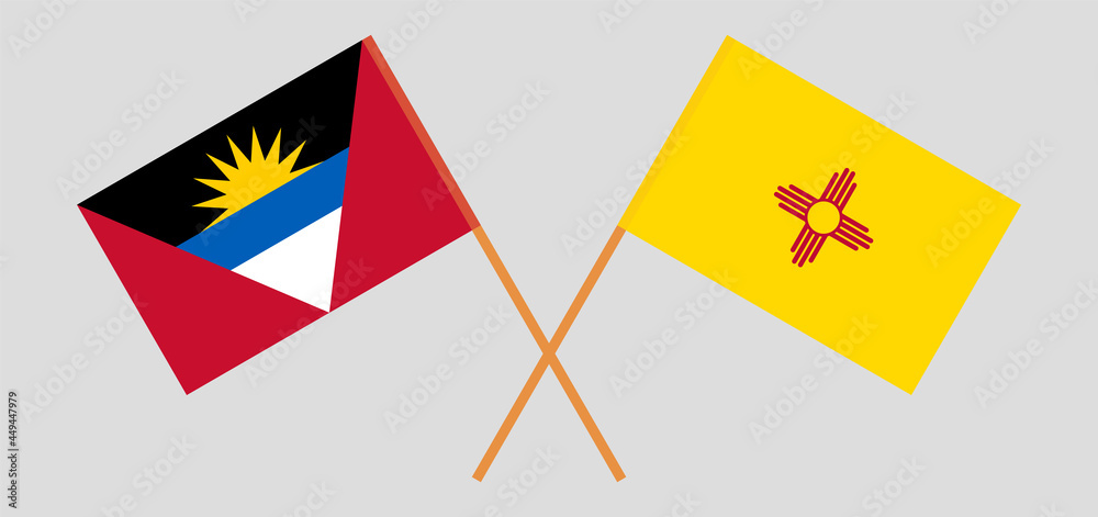 Crossed flags of Antigua and Barbuda and the State of New Mexico. Official colors. Correct proportion Crossed flags of Antigua and Barbuda and the State of New Mexico. Official colors. Correct proportion