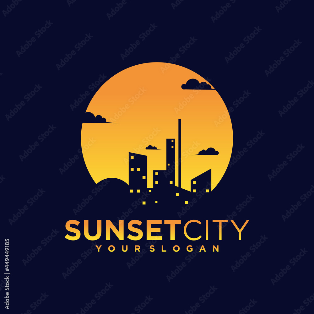 Night city, sunset logo with a silhouette of city and building views