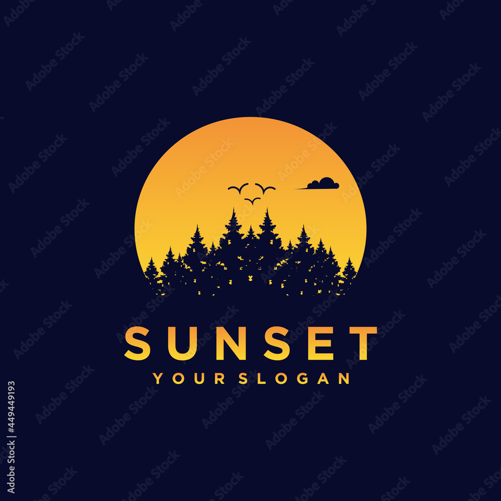 night forest,sunset forest, creative logo inspiration