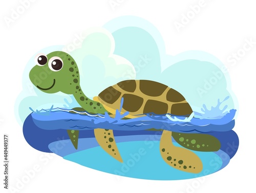 Turtle. Little landscape. Underwater life. Wild animals. Ocean  sea. Summer water. Isolated on white background. Illustration in cartoon style. Vector art