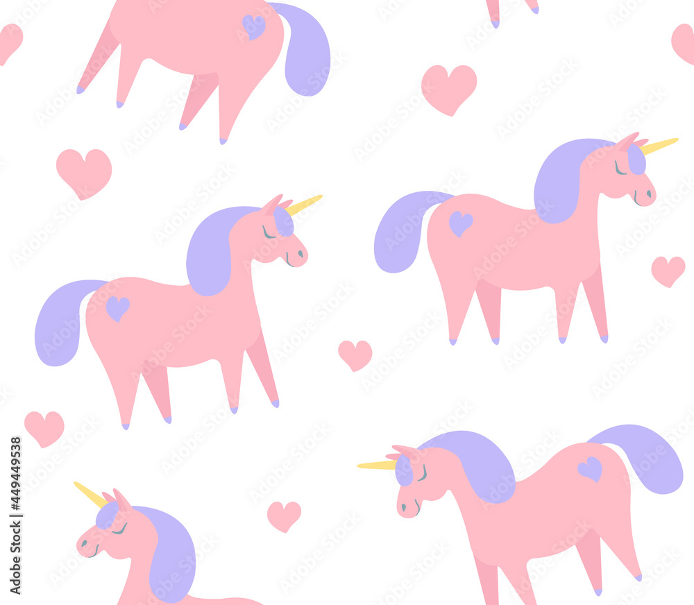 Vector seamless pattern of flat cartoon hand drawn unicorn isolated on white background