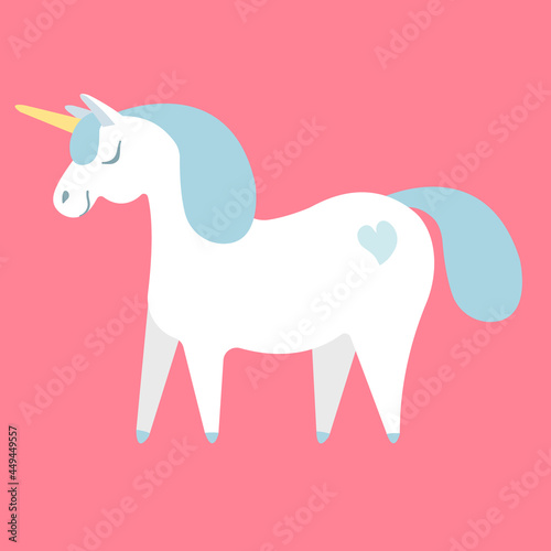 Vector flat cartoon hand drawn white horse isolated on pink background