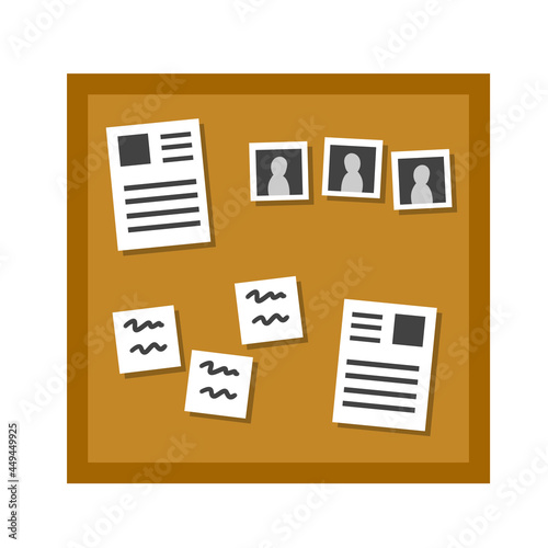 Bulletin board. Documents, messages and photos on wall. Scenery of detective story. Flat cartoon illustration