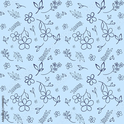 Floral seamless pattern on blue background, doodle style