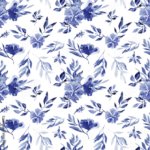 Blue floral seamless pattern for fabric, Watercolor navy blue digital paper, Royal blue wedding repeat background, indigo blue bouquets pattern monochrome