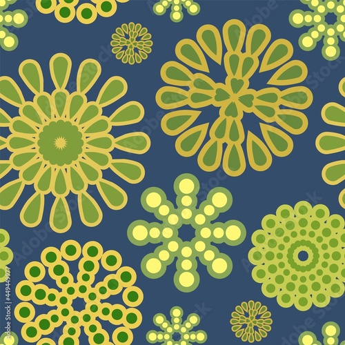 Festive background. Night. Square Seamless pattern. Bright flashes of fireworks in a symbolic style. Petard and squib. Flat design. Cartoon style. Vector