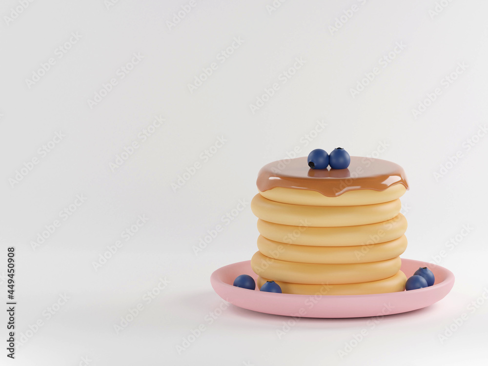 Pancakes and berries among colorful balls on background 3d rendering Pancakes and berries among colorful balls on background 3d rendering