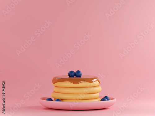 Pancakes and berries among colorful balls on background 3d rendering
