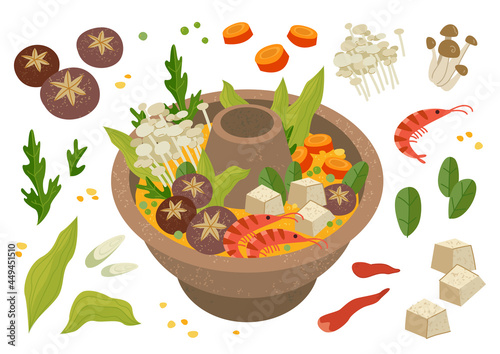 Chinese Food Hot Pot set. Vector isolated, Graphic illustration of a Chinese hot pot. Reunion Dinner, Happy New Year. Seafood, shiitake mushrooms, vegetables in broth. Traditional China food