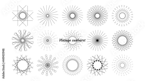 Vintage vector set of sun rays, light rays, sun rays. Design elements, linear drawing, vintage style, a concept for creativity. Vector illustration