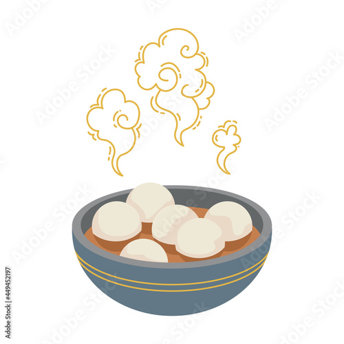 Tangyuan rice balls. Taiwanese traditional holiday food. Steam rises from the broth in the cup. Lantern Festival. Vector illustration in a flat style isolated
