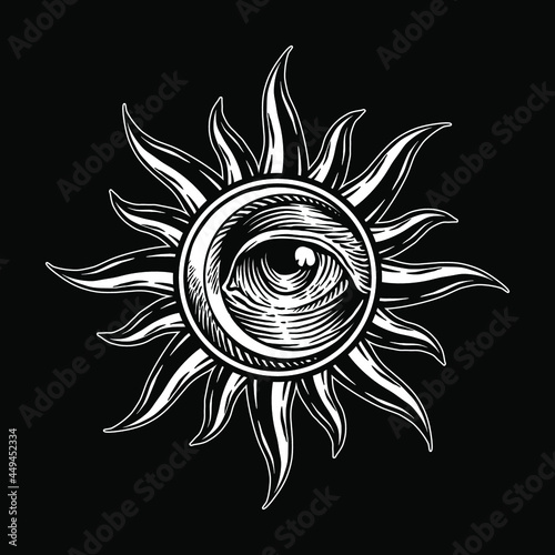 Hand drawn The Eye of  sun and moon, engraving style, nice for tattoo, t-shirt, patch, sticker, emblem, etc.