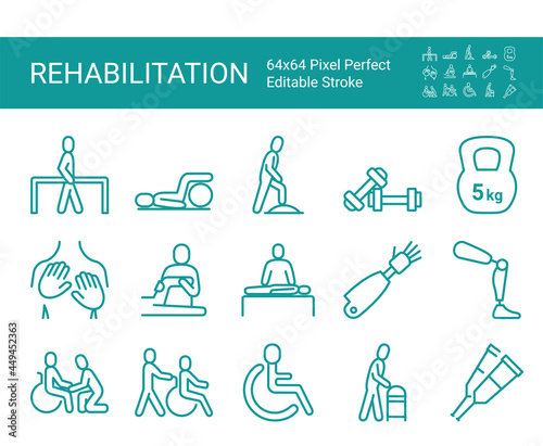 Set of icons of rehabilitation. Editable vector stroke. 64x64 Pixel Perfect.