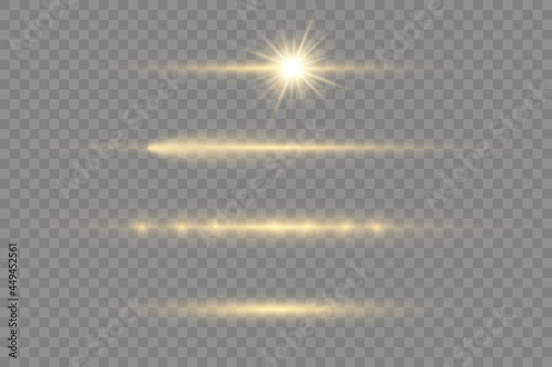 Horizontal light rays, flash yellow, glow beams.