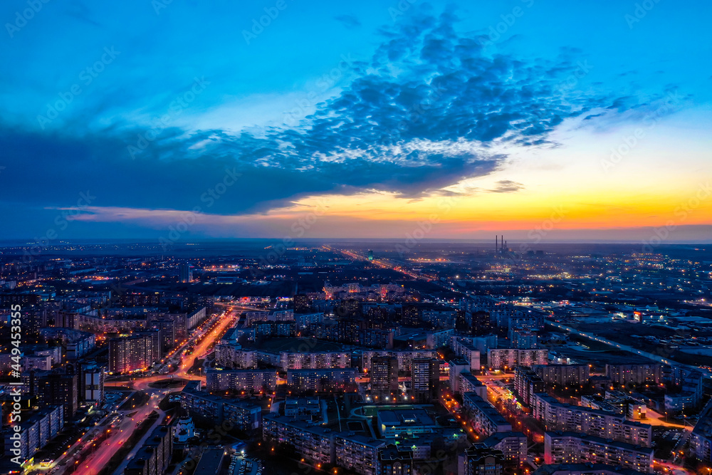 A bird's eye view of the modern district of the city of Togliatti in the evening after sunset.