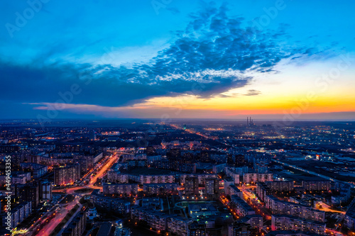 A bird's eye view of the modern district of the city of Togliatti in the evening after sunset. © Дмитрий Безруков