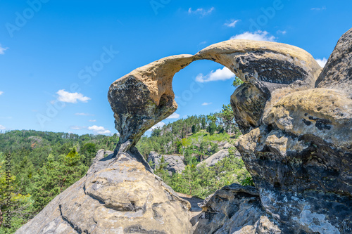 Unique sandstone arch in pine forest on dry sunny summer day. Bohemian Paradise, Czech Republic