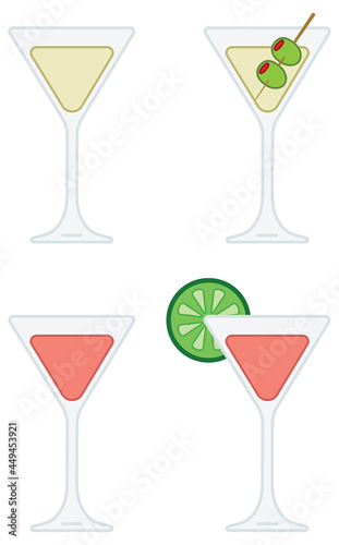 Martini Glass Drink with Olive and Lime - Clipart Set