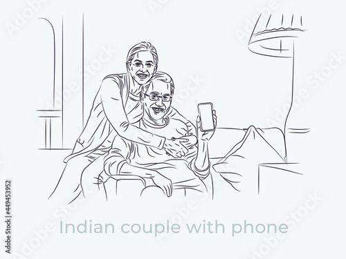 Happy Indian couple with phone line art illustration