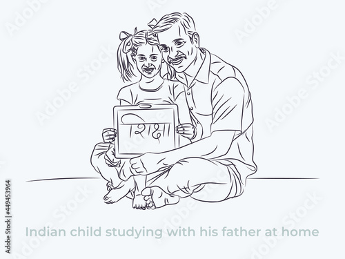 Indian child studying with his father at home line art illustration