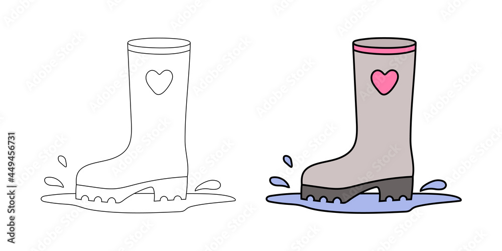 Woman's rubber boot that stepped in a puddle in a simple flat graphic outline style. Isolated vector female waterproof shoe. Linear and color hand-drawn illustration of autumn footwear for rain Woman's rubber boot that stepped in a puddle in a simple flat graphic outline style. Isolated vector female waterproof shoe. Linear and color hand-drawn illustration of autumn footwear for rain