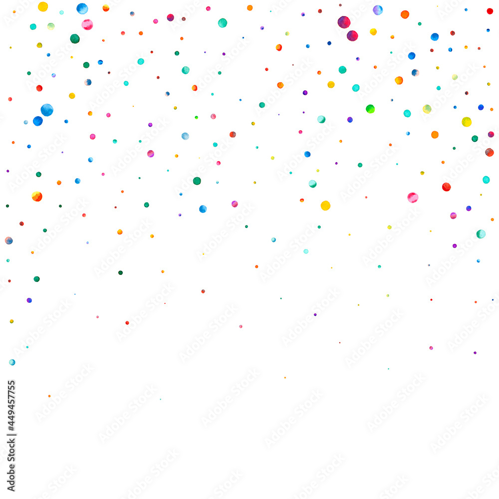 Watercolor confetti on white background. Actual rainbow colored dots. Happy celebration square colorful bright card. Good-looking hand painted confetti.