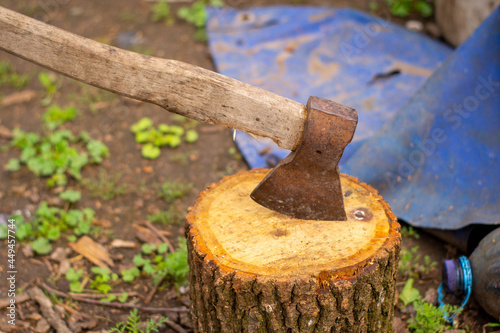 The ax sank into the log. Working tool of a woodcutter and a peasant.