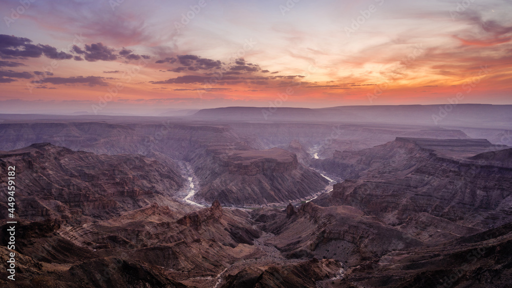 Sunset over the Fish River Canyon in Namibia, the second largest canyon in the world and the largest in Africa.	
