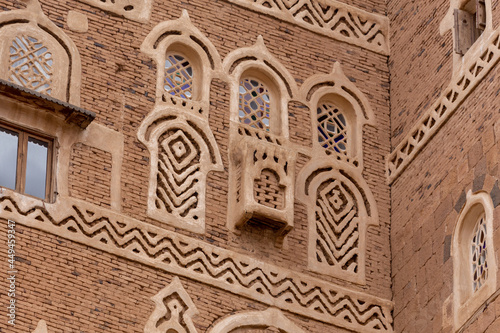 Dar al-Hajar in Wadi Dhahr, a royal palace on a rock. one of the most iconic Yemeni buildings. traditional Yemeni heritage architecture design details in historic Sanaa town and buildings in Yemen.