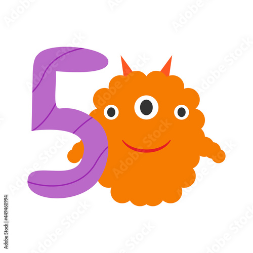 Monster orange cute funny kind and festive congratulatory number five isolated on white background. Design element for a childrens book or postcard. Vector illustration