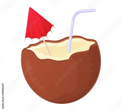 Coconut cocktail pina colada with straw and umbrella. Illustration in cartoon style.