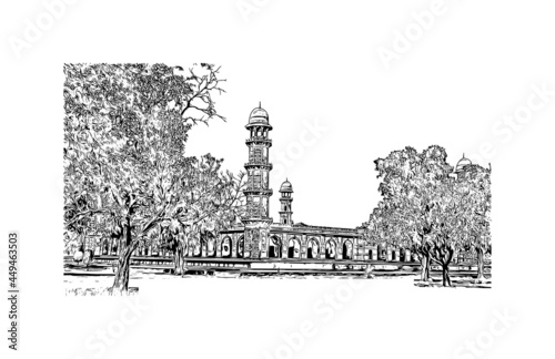 Building view with landmark of Lahore is the  city in Pakistan. Hand drawn sketch illustration in vector. © dhanu3182