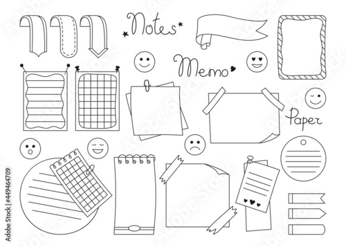 Notebook paper sticky note black line set. Blank stickers and notes with elements of planning. Abstract graphic notepad curled corners, push pins. Various tag business office. Isolated vector
