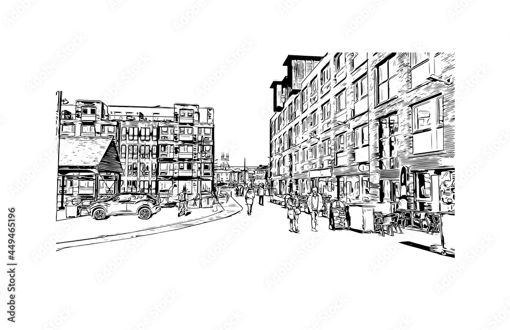 Building view with landmark of Gloucester is a coastal city in Massachusetts.. Hand drawn sketch illustration in vector. Building view with landmark of Gloucester is a coastal city in Massachusetts.. Hand drawn sketch illustration in vector.