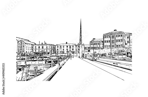 Building view with landmark of Gloucester is a coastal city in Massachusetts.. Hand drawn sketch illustration in vector.