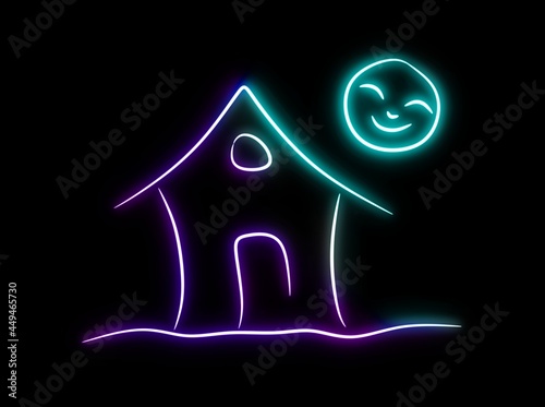 neon home in light of the moon night