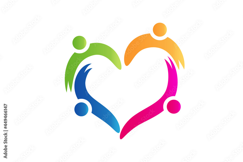 Teamwork union people in a heart shape logo icon vector voluntary, charity, non-profit concepts graphic design logotype identity business card