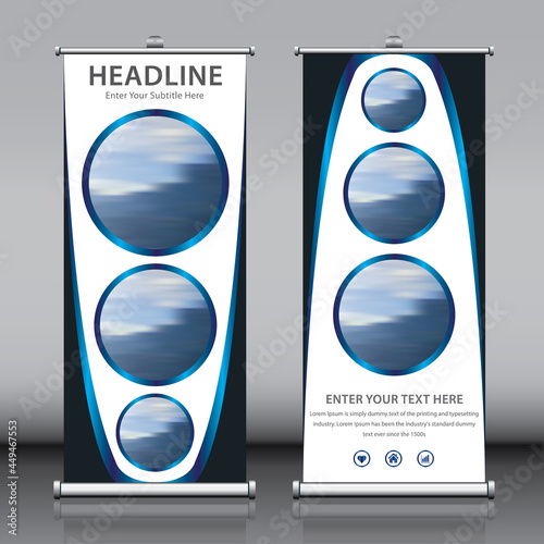 Roll up banner design template vector with three images. Vertical sign board advertisement X-banner and Street Business Flag or Exhibition banner. Modern Layout Background